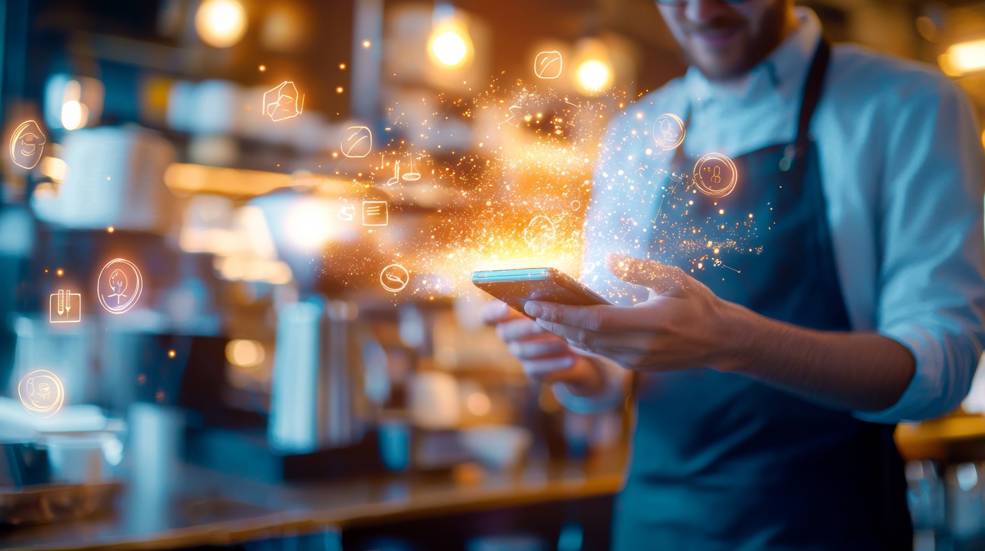 Propietario de restaurante gestionando su presencia digital en Google Maps